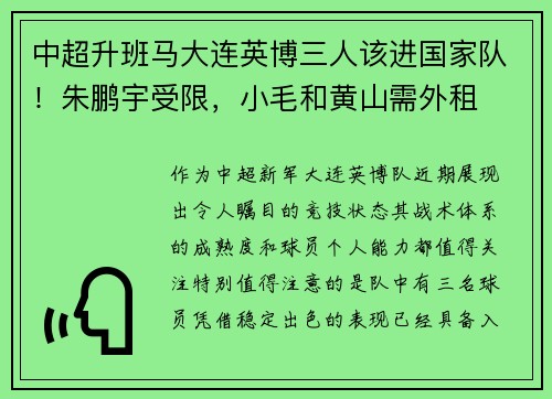 中超升班马大连英博三人该进国家队！朱鹏宇受限，小毛和黄山需外租