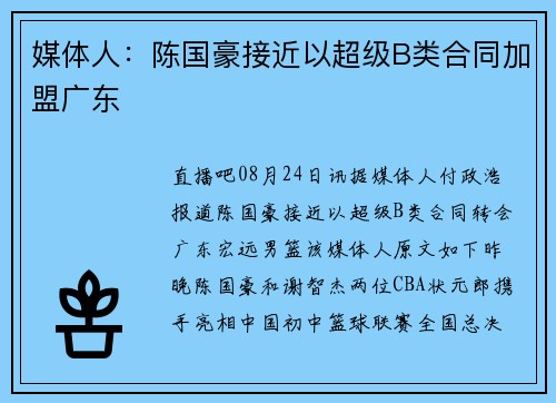 媒体人：陈国豪接近以超级B类合同加盟广东